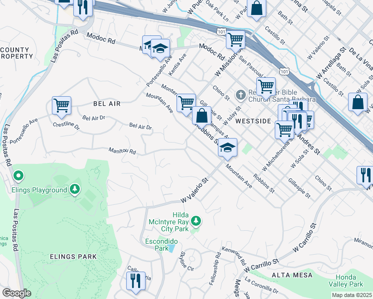map of restaurants, bars, coffee shops, grocery stores, and more near 1057 Manitou Road in Santa Barbara
