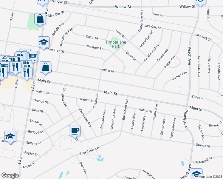 map of restaurants, bars, coffee shops, grocery stores, and more near 17930 Main Street in Hesperia