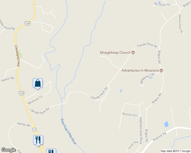 map of restaurants, bars, coffee shops, grocery stores, and more near 4579 Claude Peck Road in Gainesville