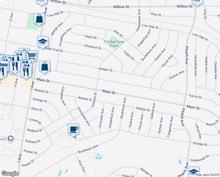 map of restaurants, bars, coffee shops, grocery stores, and more near 17930 Main Street in Hesperia