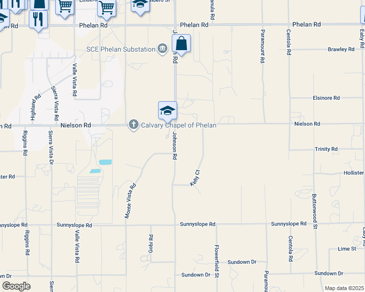 map of restaurants, bars, coffee shops, grocery stores, and more near 9185 Johnson Road in Phelan