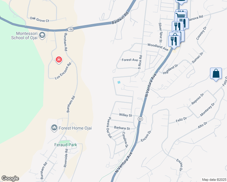 map of restaurants, bars, coffee shops, grocery stores, and more near 2531 Bonmark Drive in Ojai
