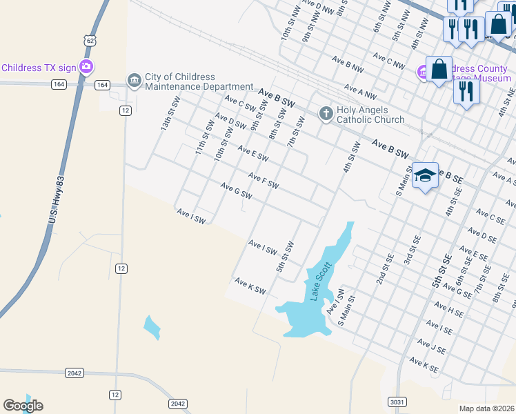 map of restaurants, bars, coffee shops, grocery stores, and more near 700-798 7th Street Southwest in Childress