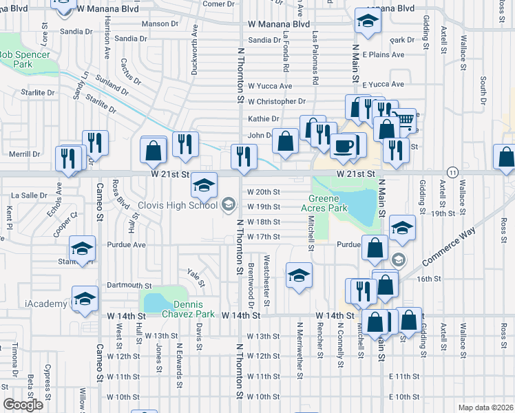 map of restaurants, bars, coffee shops, grocery stores, and more near 717 West 19th Street in Clovis