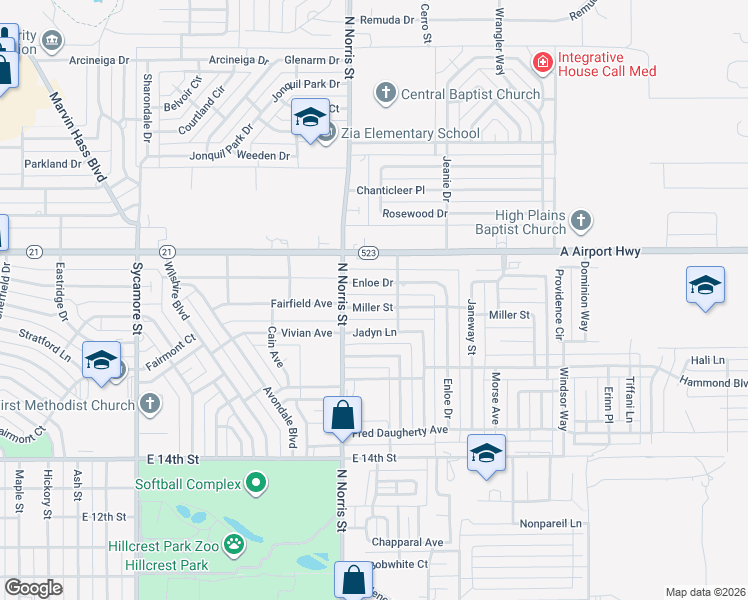 map of restaurants, bars, coffee shops, grocery stores, and more near 1912 Miller Street in Clovis