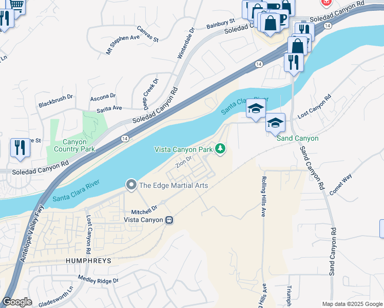 map of restaurants, bars, coffee shops, grocery stores, and more near 17047 Zion Drive in Santa Clarita
