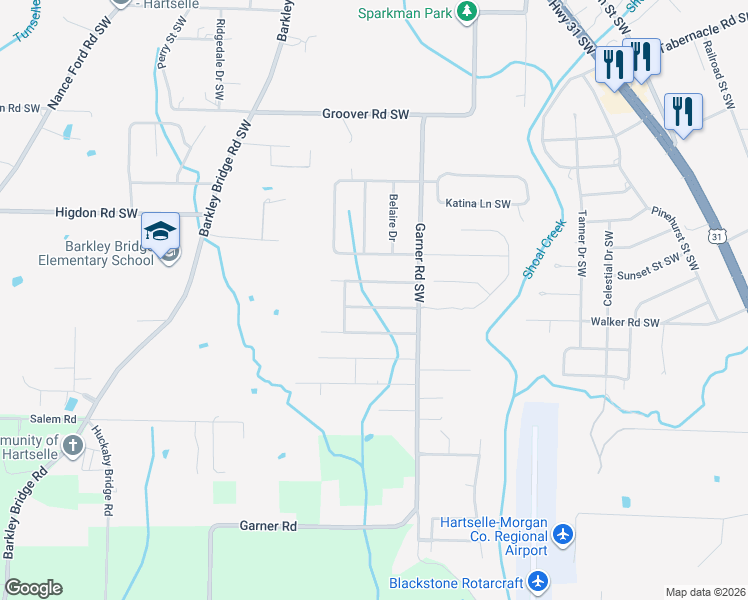 map of restaurants, bars, coffee shops, grocery stores, and more near 609 Morning Glory Drive Southwest in Hartselle