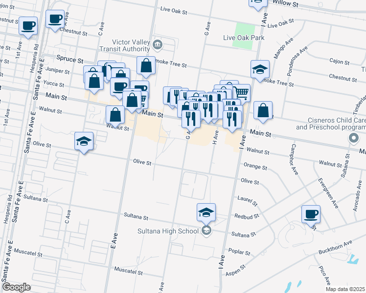 map of restaurants, bars, coffee shops, grocery stores, and more near 9168 G Avenue in Hesperia
