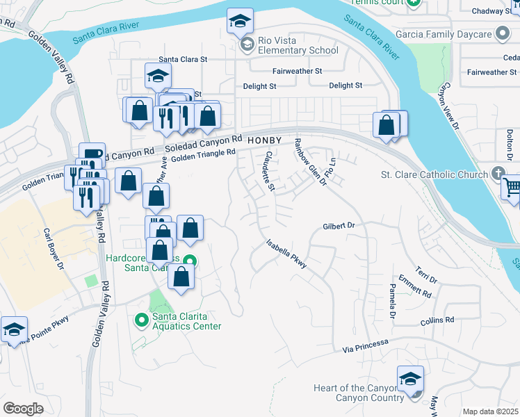 map of restaurants, bars, coffee shops, grocery stores, and more near 26720 Isabella Parkway in Santa Clarita