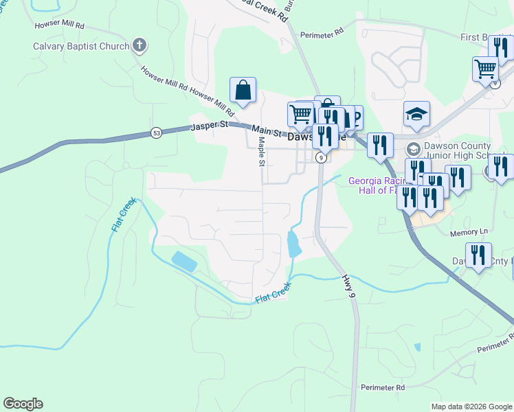 map of restaurants, bars, coffee shops, grocery stores, and more near 258 Maple Street North in Dawsonville