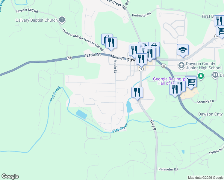 map of restaurants, bars, coffee shops, grocery stores, and more near 258 Maple Street North in Dawsonville