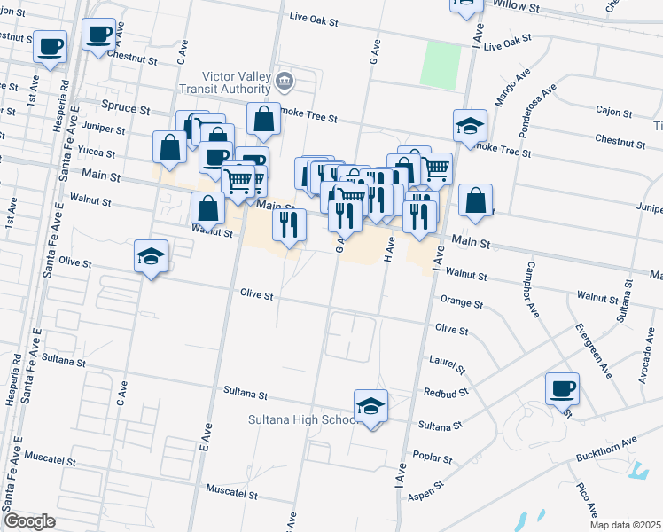 map of restaurants, bars, coffee shops, grocery stores, and more near 9168 G Avenue in Hesperia