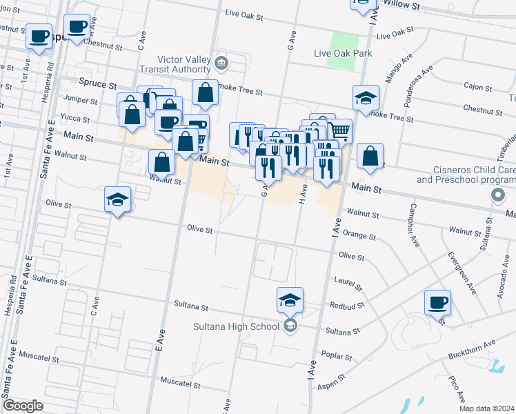 map of restaurants, bars, coffee shops, grocery stores, and more near 9168 G Avenue in Hesperia