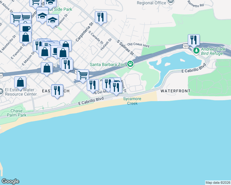 map of restaurants, bars, coffee shops, grocery stores, and more near 1111 East Cabrillo Boulevard in Santa Barbara