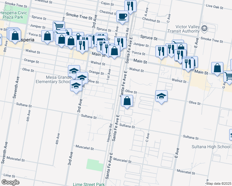 map of restaurants, bars, coffee shops, grocery stores, and more near 9190 Hesperia Road in Hesperia