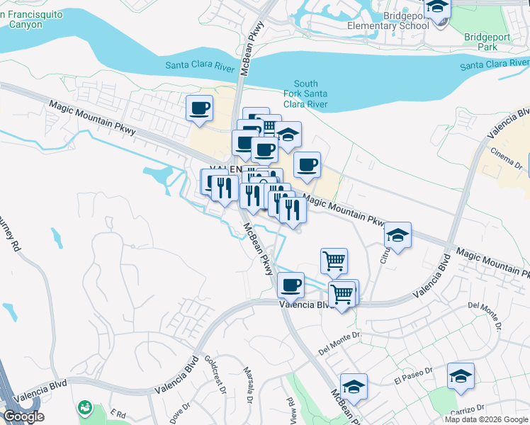 map of restaurants, bars, coffee shops, grocery stores, and more near 26877 Tourney Road in Santa Clarita