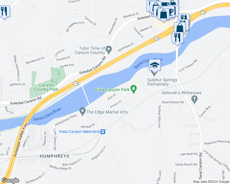 map of restaurants, bars, coffee shops, grocery stores, and more near 17047 Zion Drive in Santa Clarita