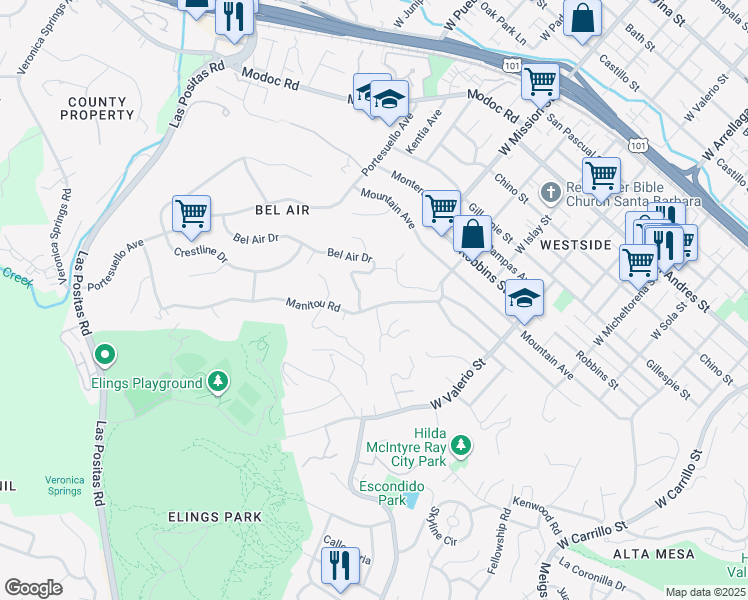 map of restaurants, bars, coffee shops, grocery stores, and more near 1228 Manitou Road in Santa Barbara