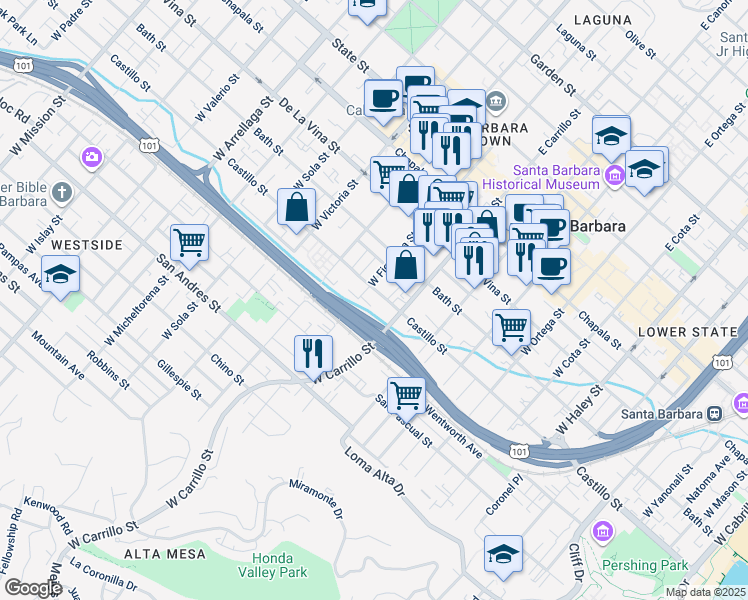 map of restaurants, bars, coffee shops, grocery stores, and more near 1025 Castillo St in Santa Barbara