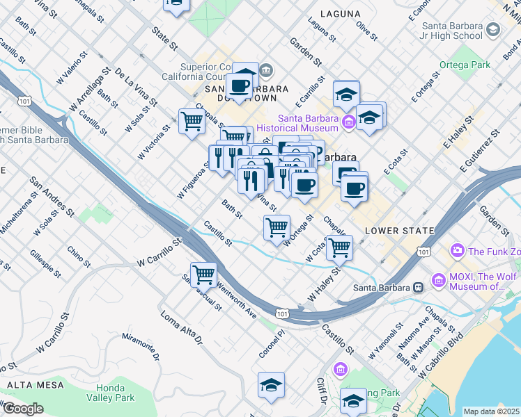 map of restaurants, bars, coffee shops, grocery stores, and more near 825 De La Vina Street in Santa Barbara