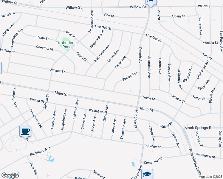 map of restaurants, bars, coffee shops, grocery stores, and more near 18230 Sumac Avenue in Hesperia