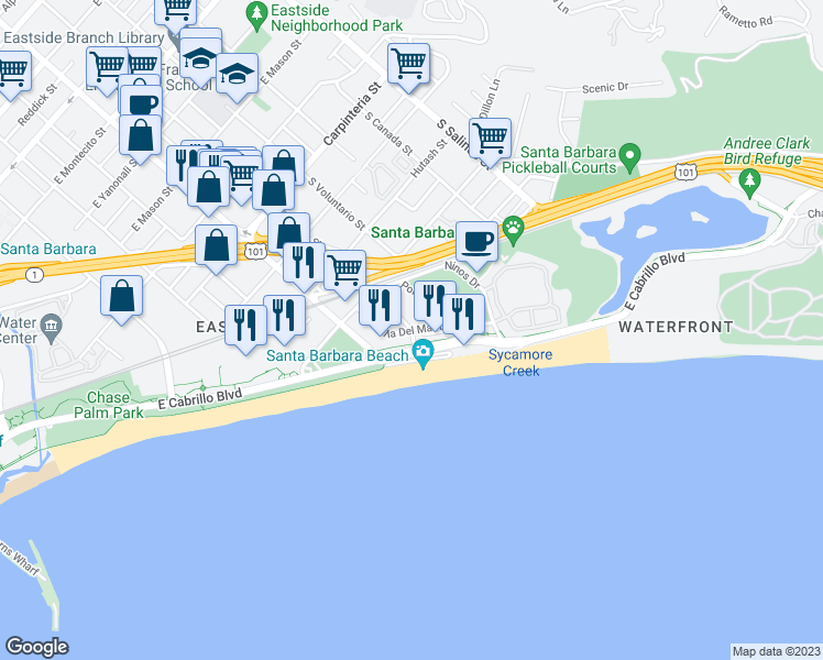 map of restaurants, bars, coffee shops, grocery stores, and more near Orilla Del Mar Drive in Santa Barbara