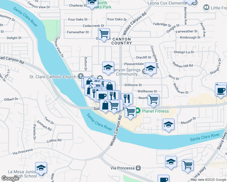 map of restaurants, bars, coffee shops, grocery stores, and more near 19331 Soledad Canyon Road in Santa Clarita