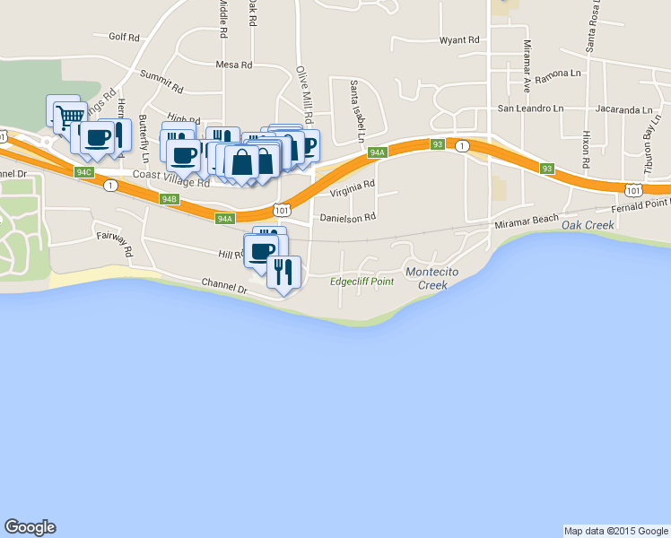 map of restaurants, bars, coffee shops, grocery stores, and more near 50 Olive Mill Road in Montecito
