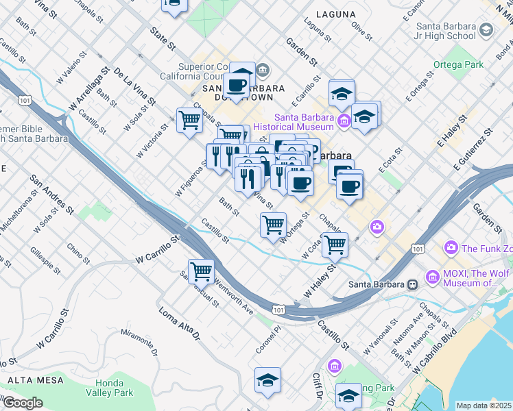 map of restaurants, bars, coffee shops, grocery stores, and more near 828 Bath Street in Santa Barbara