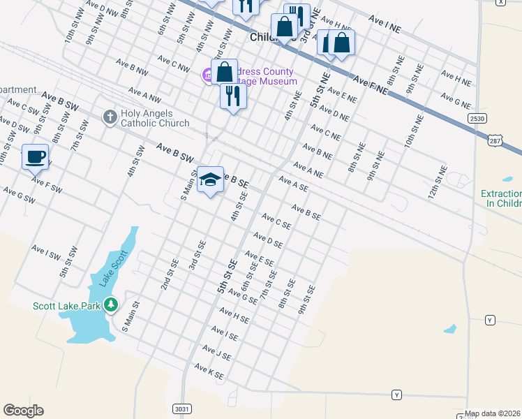 map of restaurants, bars, coffee shops, grocery stores, and more near 501 Avenue C Southeast in Childress
