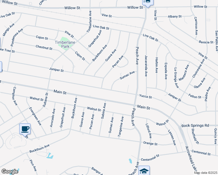 map of restaurants, bars, coffee shops, grocery stores, and more near 18230 Sumac Avenue in Hesperia
