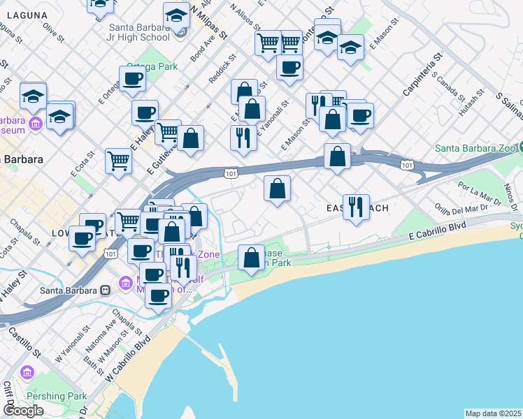 map of restaurants, bars, coffee shops, grocery stores, and more near 124 Quinientos Street in Santa Barbara