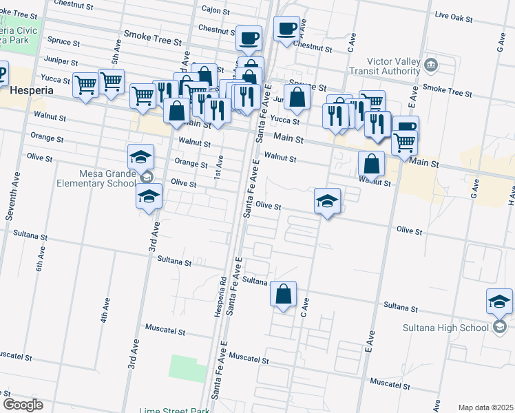 map of restaurants, bars, coffee shops, grocery stores, and more near 3 Olive Street in Hesperia