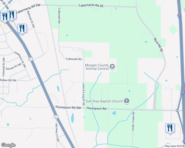 map of restaurants, bars, coffee shops, grocery stores, and more near 1202 Industrial Drive Southeast in Hartselle
