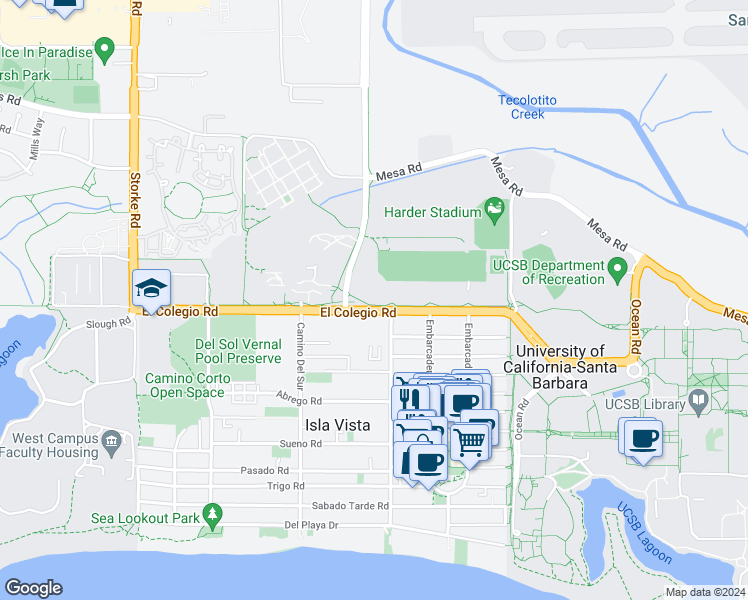 map of restaurants, bars, coffee shops, grocery stores, and more near 6560 El Colegio Road in Isla Vista