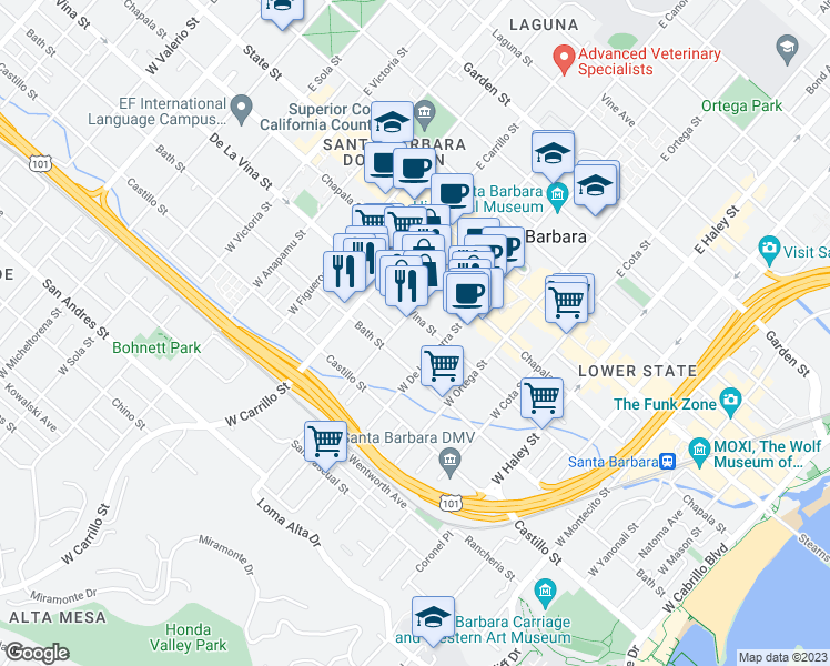 map of restaurants, bars, coffee shops, grocery stores, and more near 825 De La Vina Street in Santa Barbara