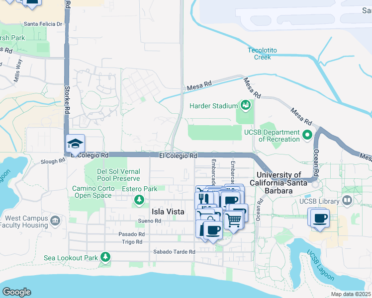 map of restaurants, bars, coffee shops, grocery stores, and more near 6560 El Colegio Road in Isla Vista