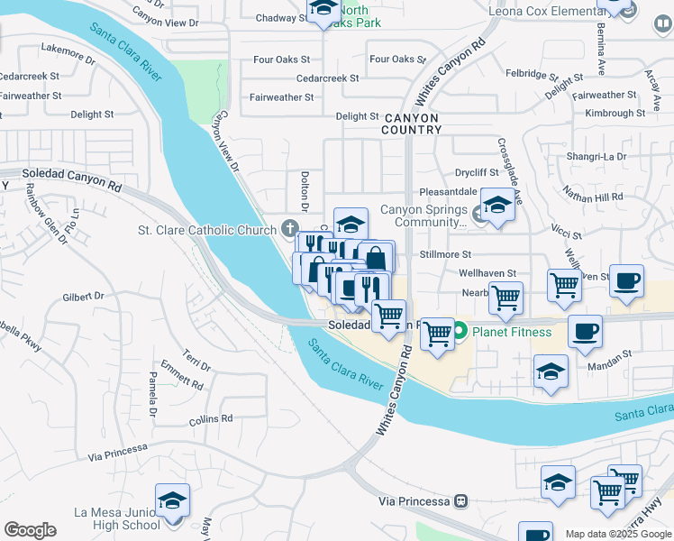 map of restaurants, bars, coffee shops, grocery stores, and more near 27266 Camp Plenty Road in Santa Clarita