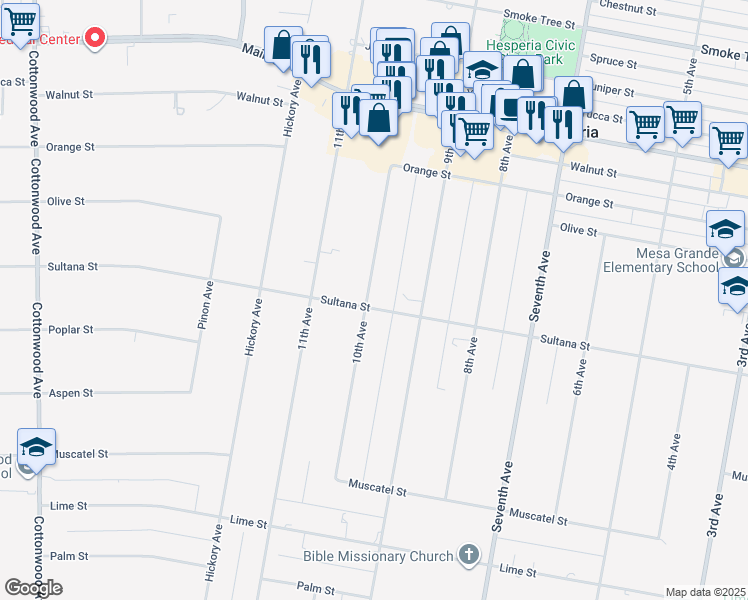 map of restaurants, bars, coffee shops, grocery stores, and more near 9179 10th Avenue in Hesperia