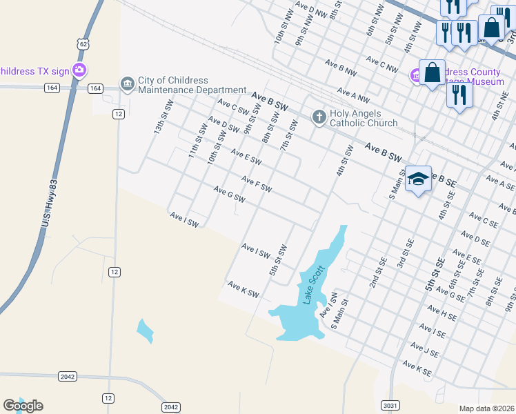 map of restaurants, bars, coffee shops, grocery stores, and more near 700 7th Street Southwest in Childress