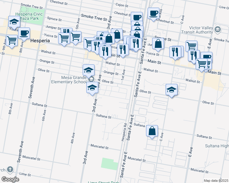 map of restaurants, bars, coffee shops, grocery stores, and more near 9190 Hesperia Road in Hesperia