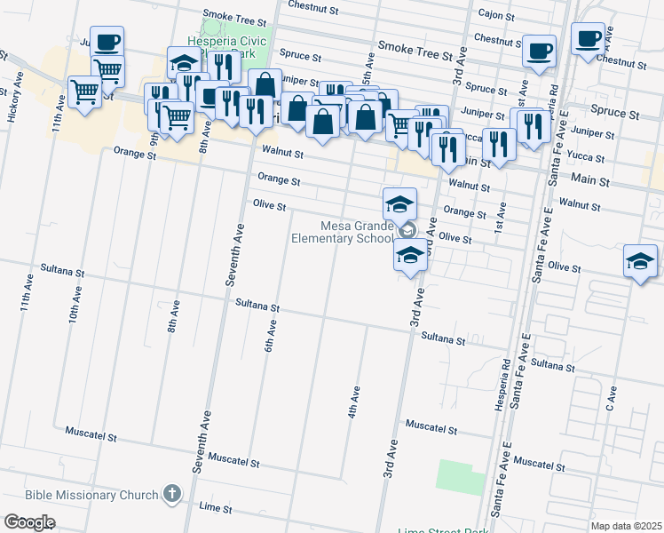 map of restaurants, bars, coffee shops, grocery stores, and more near 9178 5th Avenue in Hesperia
