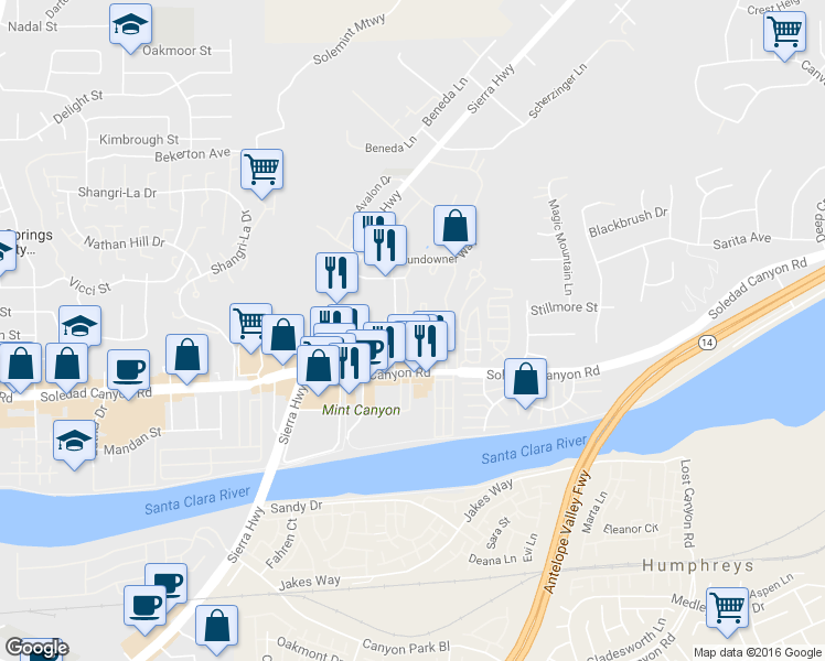 map of restaurants, bars, coffee shops, grocery stores, and more near 27850 Solamint Road in Santa Clarita