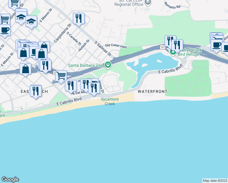 map of restaurants, bars, coffee shops, grocery stores, and more near 657 Del Parque Drive in Santa Barbara
