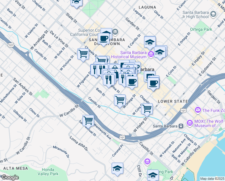 map of restaurants, bars, coffee shops, grocery stores, and more near 828 Bath Street in Santa Barbara
