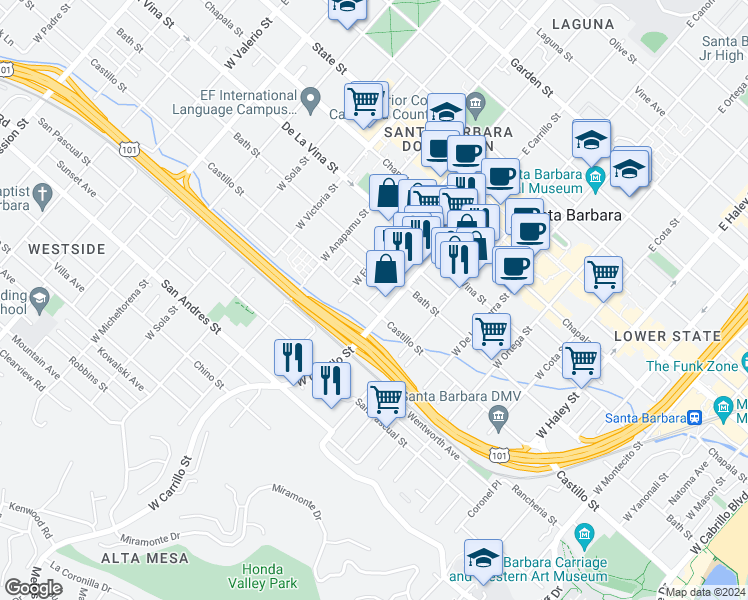 map of restaurants, bars, coffee shops, grocery stores, and more near 327 West Carrillo Street in Santa Barbara