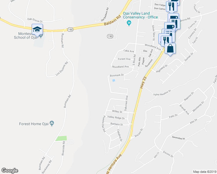 map of restaurants, bars, coffee shops, grocery stores, and more near 2511 Bonmark Drive in Ojai
