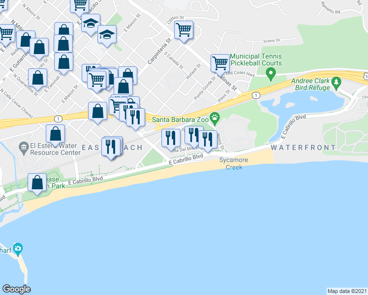 map of restaurants, bars, coffee shops, grocery stores, and more near Corona Del Mar in Santa Barbara