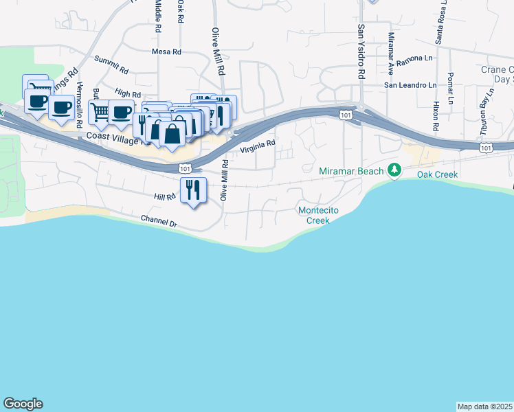 map of restaurants, bars, coffee shops, grocery stores, and more near 69 Seaview Drive in Montecito