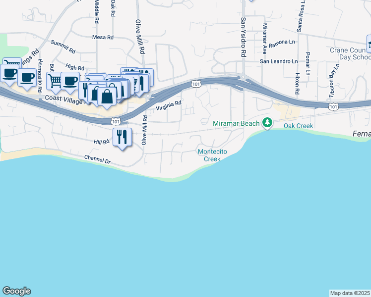 map of restaurants, bars, coffee shops, grocery stores, and more near 84 Seaview Drive in Montecito